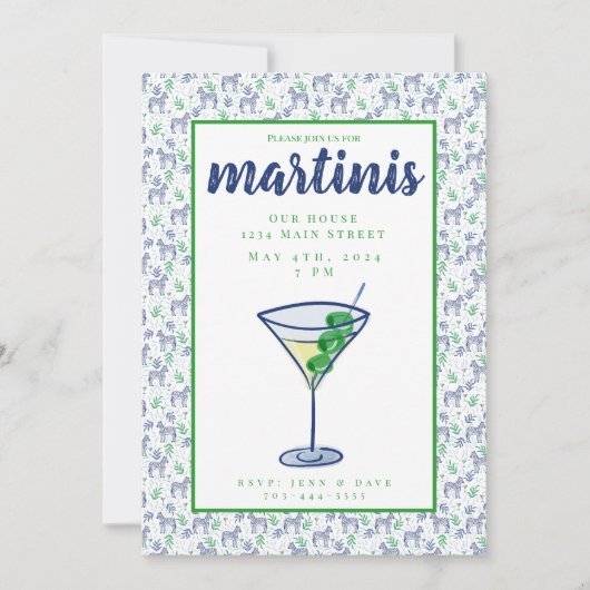 Preppy Zebra Martini Witte Martini Feestje Kaart (Voorkant)