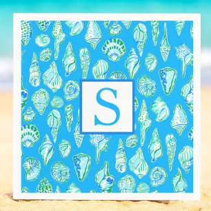 Preppy Zeeschelpen Monogram / Blauw Kuststrand Servet