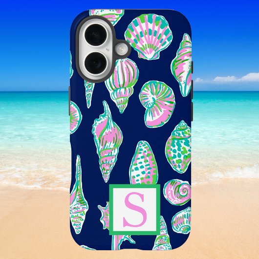 Preppy Zeeschelpen Navy Monogram iPhone 16 Hoesje