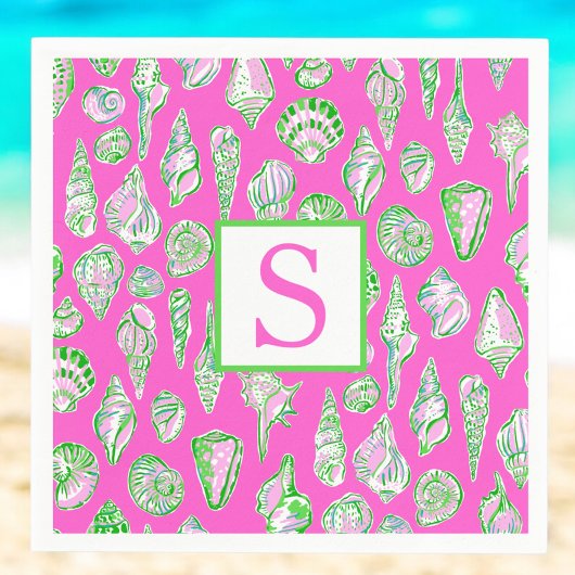 Preppy Zeeschelpen op Roze Monogram Seaside Servet