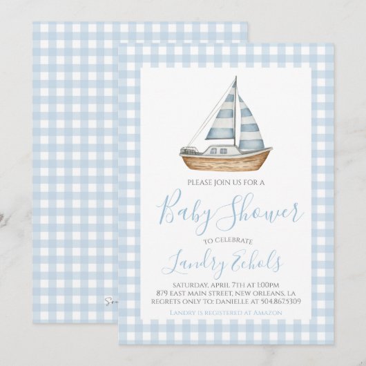 Preppy zeilboot Nautical blauwe jongens baby showe Kaart (Voorkant / Achterkant)