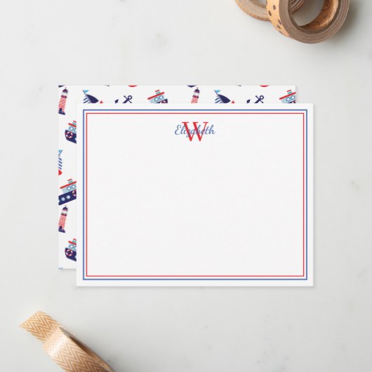 Preppy Zeilboten Monogram Notitiekaartje (Voorkant / Achterkant in situ)