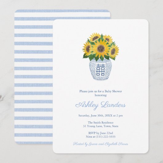 Preppy zonnebloemen blauw en wit vaas Baby shower Kaart (Voorkant / Achterkant)
