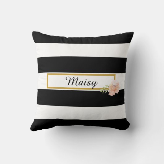 Preppy Zwart-Wit Gestreepte Gouden Bloem Kussen (Achterkant)