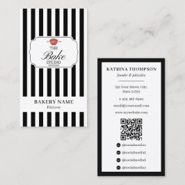 Preppy Zwart Witte Strepen Bakkerij Logo QR Code Visitekaartje