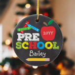 Preschool Keepomwille Chalkboard Colorful Kinder F Keramisch Ornament<br><div class="desc">Pre-K ornament design is voorzien van een appel, een liniaal, krijtjes en gedurfde, kleurrijke leuke typografie op de voorkant en een volledige foto op de achterkant! Klik op de knop Aanpassen voor meer opties voor het wijzigen van de tekst! Variaties van dit ontwerp, extra kleuren en coördinerende producten zijn verkrijgbaar...</div>