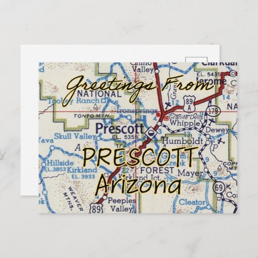 Prescott AZ  Map Briefkaart (Voorkant / Achterkant)