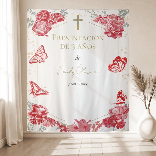 Presentación 3 años achtergrond vlinders rood wandkleed