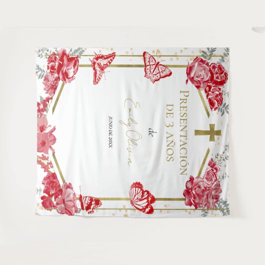 Presentación 3 años achtergrond vlinders rood wandkleed (Voorkant (horizontaal))