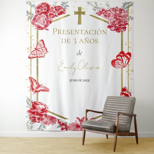 Presentación 3 años achtergrond vlinders rood wandkleed (In situ)