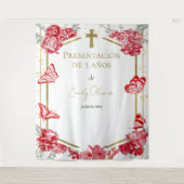 Presentación 3 años achtergrond vlinders rood wandkleed (Voorkant)