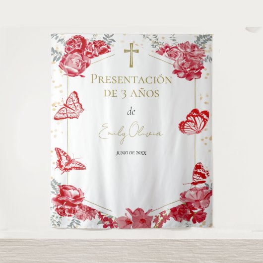 Presentación 3 años achtergrond vlinders rood wandkleed (Voorkant)