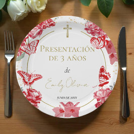 Presentación 3 años Papieren Borden Vlinders Rood Papieren Bordje