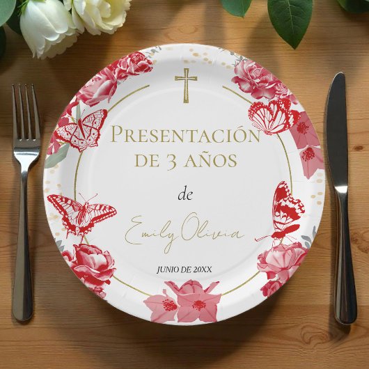 Presentación 3 años Papieren Borden Vlinders Rood Papieren Bordje
