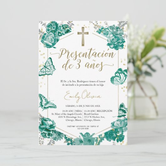 Presentación 3 años Spaanse uitnodiging vlinder (Staand voorkant)