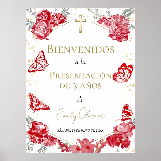 Presentación 3 años Welkomstbord Butterflys Rood Poster (Voorkant)