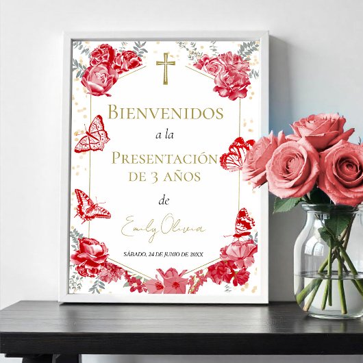 Presentación 3 años Welkomstbord Butterflys Rood Poster