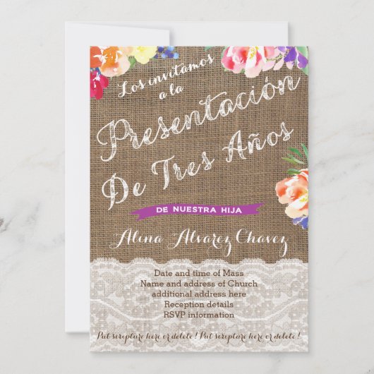 presentacion de tres años para niña , flores kaart (Voorkant)