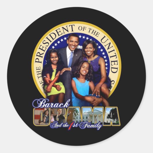 PRESIDENT BARACK OBAMA EN FAMILIE RONDE STICKER (Voorkant)