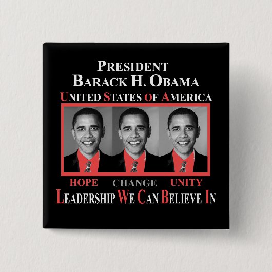 PRESIDENT BARACK OBAMA - RED VIERKANTE BUTTON 5,1 CM (Voorkant)