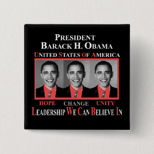 PRESIDENT BARACK OBAMA - RED VIERKANTE BUTTON 5,1 CM