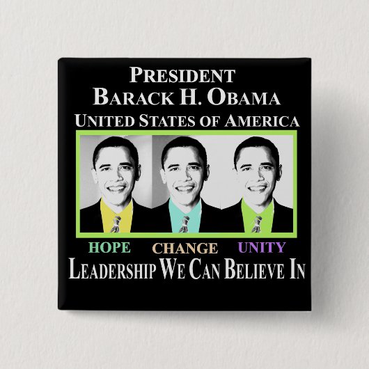 PRESIDENT BARACK OBAMA VIERKANTE BUTTON 5,1 CM (Voorkant)