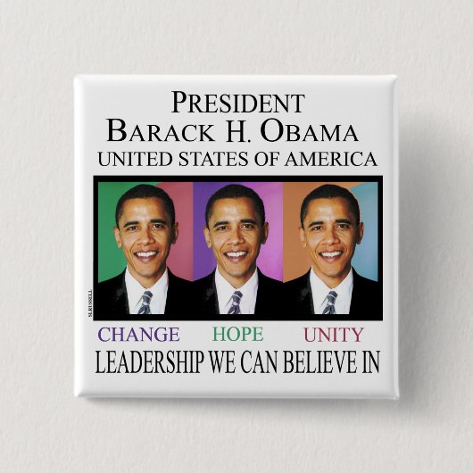 PRESIDENT BARACK OBAMA VIERKANTE BUTTON 5,1 CM (Voorkant)