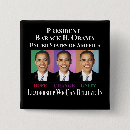 PRESIDENT BARACK OBAMA VIERKANTE BUTTON 5,1 CM (Voorkant)