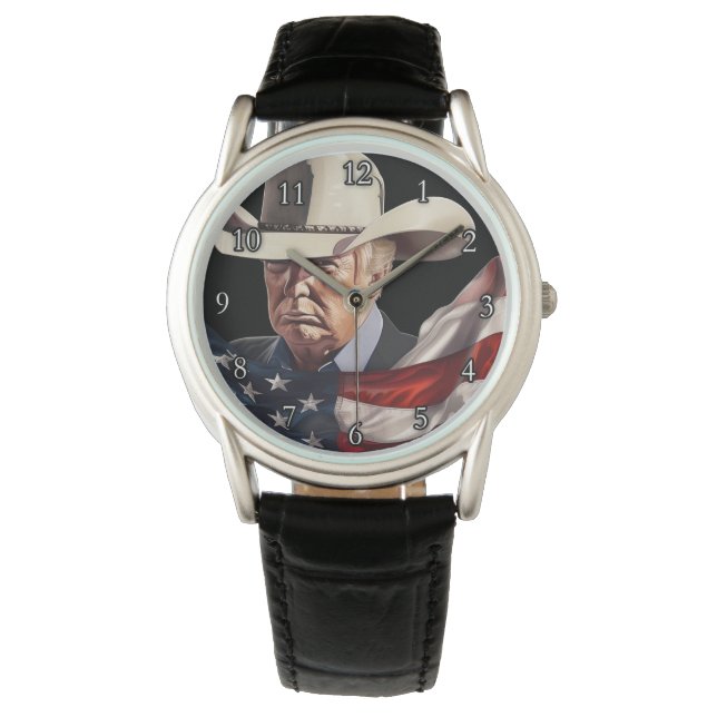 President Donald Trump Cowboy Pet Amerikaanse vlag Horloge (Voorkant)