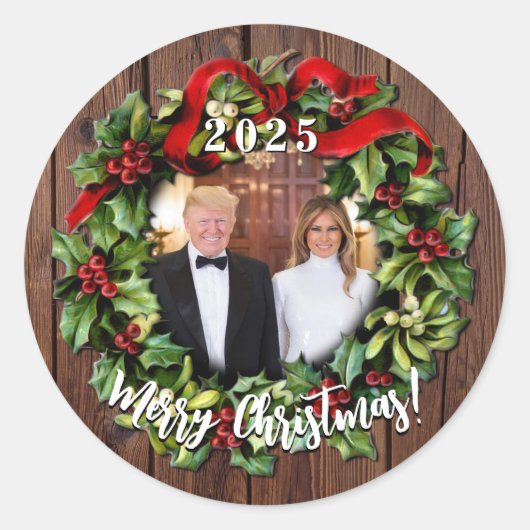 President Donald Trump & Melania 2023 Holly Wreath Ronde Sticker (Voorkant)
