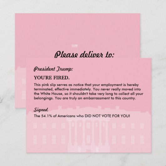 President Donald Trump PINK SLIP / Mail naar de WH Aankondigingskaart (Voorkant / Achterkant)