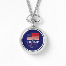 PRESIDENT DONALD TRUMP SILVER NECKLACE WATCH HORLOGE