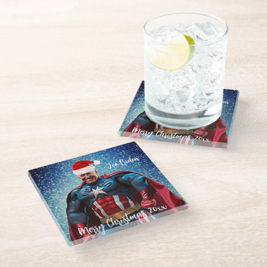 President Joe Biden en Santa Hat Glazen Onderzetter (Schuin)