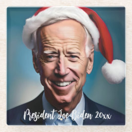 President Joe Biden en Santa Hat Glazen Onderzetter