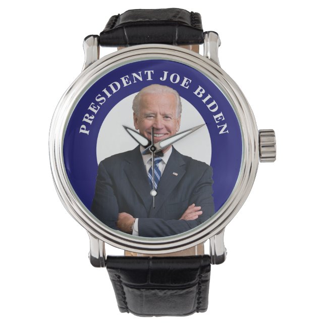 President Joe Biden-portret op blauw Horloge (Voorkant)