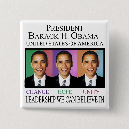 PRESIDENT OBAMA VIERKANTE BUTTON 5,1 CM (Voorkant)