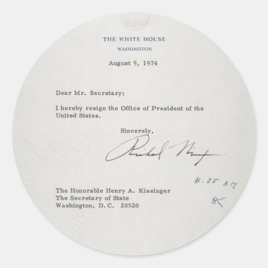 President Richard M. Nixon — Ontslagbrief Ronde Sticker (Voorkant)