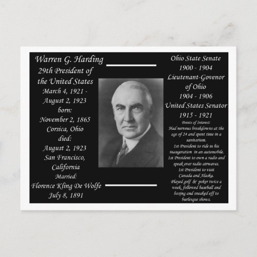 President Warren G Harding Briefkaart (Voorkant)