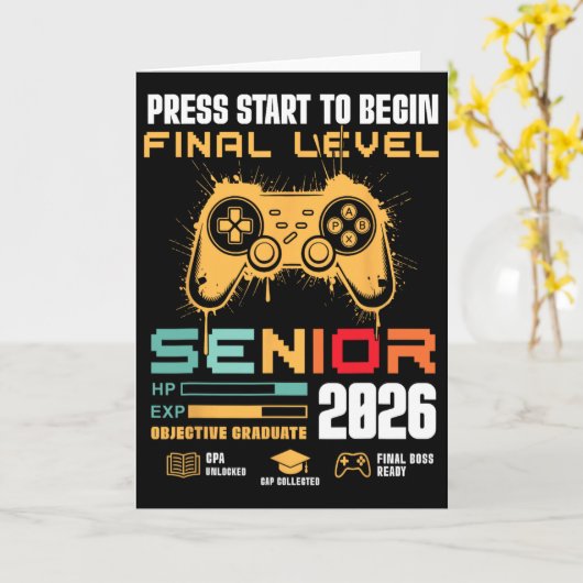 Press Start To Begin Final Level Senior 2026 Gamer Kaart (Gele Bloem)
