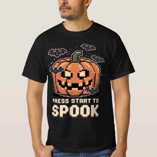Press Start to Spook - Pixel Kürbis Halloween T-shirt (Voorkant)