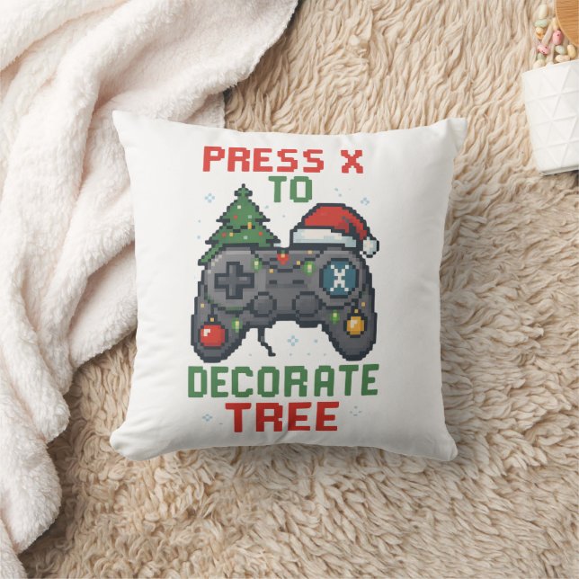 Press X to Decorate Tree Gamer Christmas Pillow |  Kussen (Deken)