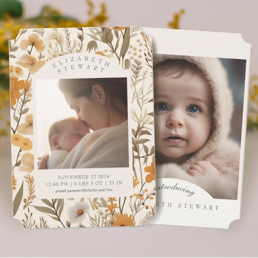 Pressed Flower Herfst 2 Fotogeboorteaankondiging Kaart