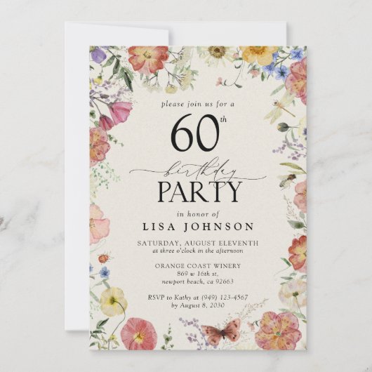 Pressed Flowers 60e Verjaardagsfeestje Elegant Pin Kaart (Voorkant)