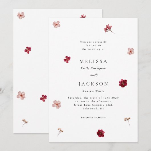 Pressed Red Pink and Cream, floral Wedding Invitat Kaart (Voorkant / Achterkant)