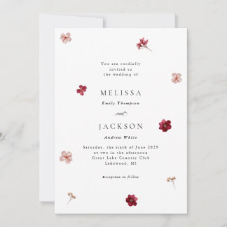 Pressed Red Pink and Cream, floral Wedding Invitat Kaart