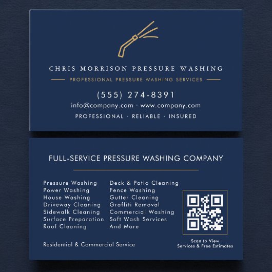 Pressure Washing Power Wash QR Code Navy Blue Visitekaartje