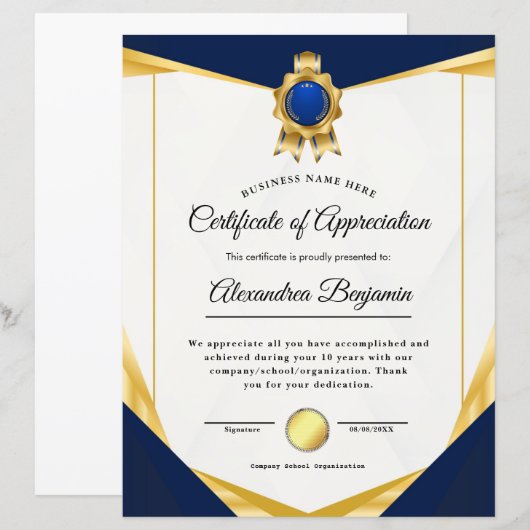 Prestatie Waardeer Certificaat (Voorkant / Achterkant)