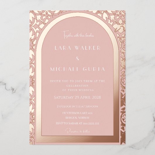 Prestigieus Roos gouden bruiloft (Solid) Folie Uitnodiging (Voorkant)