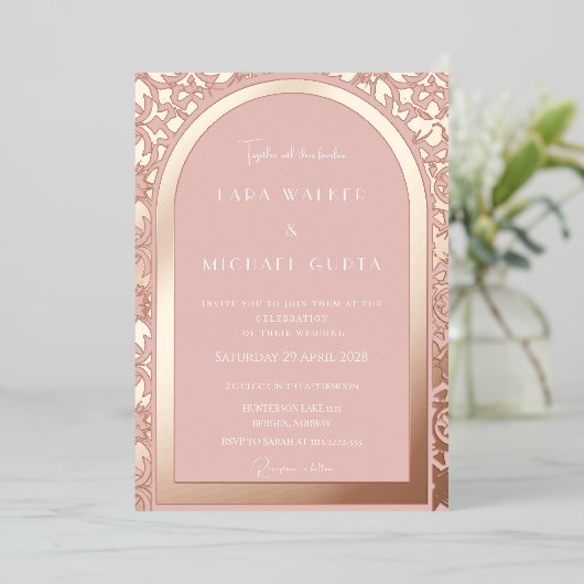 Prestigieus Roos gouden bruiloft (Solid) Folie Uitnodiging (Staand Voorkant)