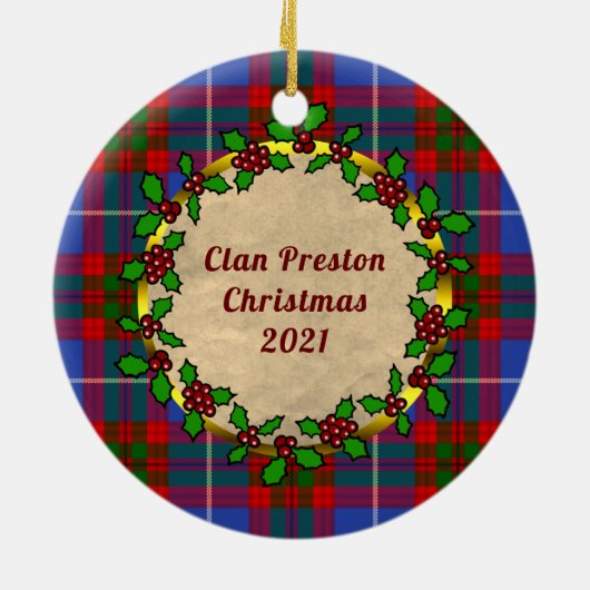 Preston Clan Badge & Tartan Gepersonaliseerde Kers Keramisch Ornament (Achterkant)
